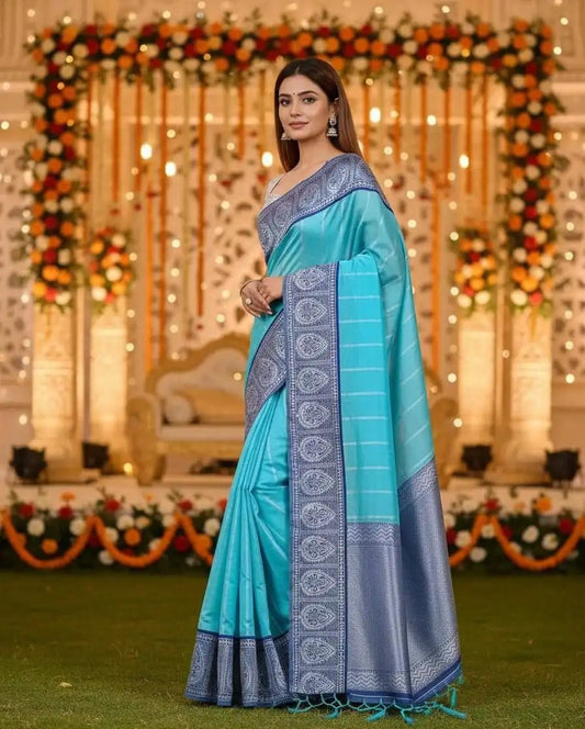 Aqua Blue Soft Lichi Silk Saree with Silver Zari Border