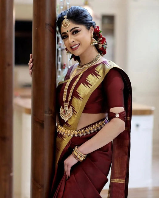 Rich Maroon Kanjivaram Silk Saree with Golden Zari Border