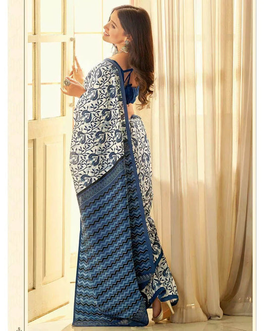 Elegant Navy Blue Printed Cotton Saree with Contrast Border