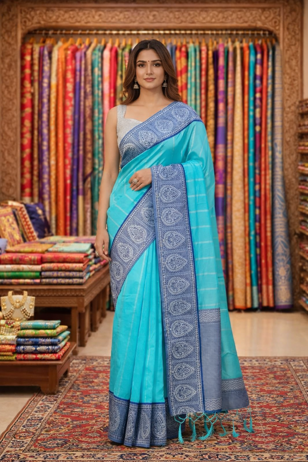 Aqua Blue Soft Lichi Silk Saree with Silver Zari Border