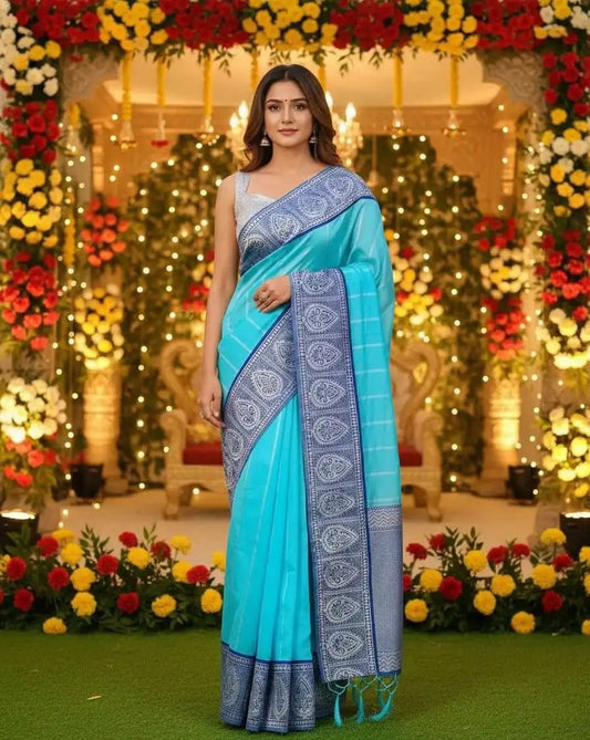 Aqua Blue Soft Lichi Silk Saree with Silver Zari Border