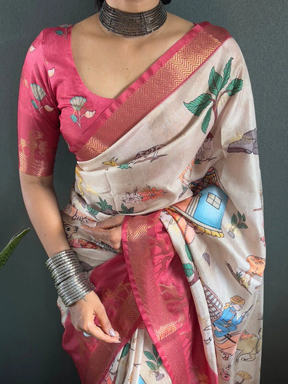 Heritage Silk Saree with Artistic Handpainted Print