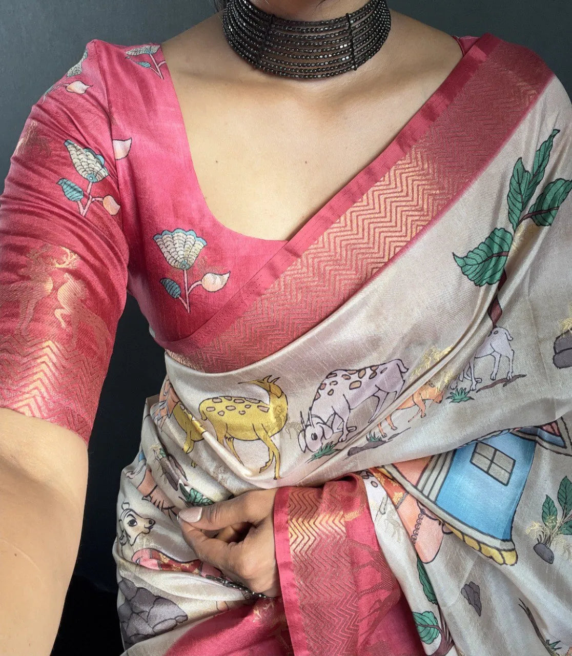 Heritage Silk Saree with Artistic Handpainted Print
