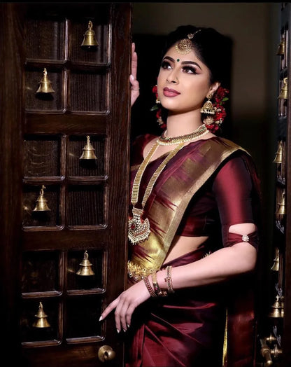 Rich Maroon Kanjivaram Silk Saree with Golden Zari Border