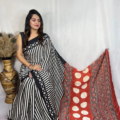 Trendy Designer Saree with Stripes and Ajrakh Print Pallu