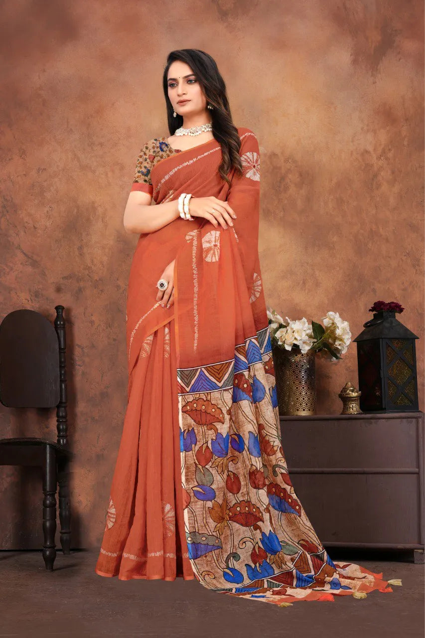 Graceful Woven Saree with Handcrafted Kalamkari Detailing