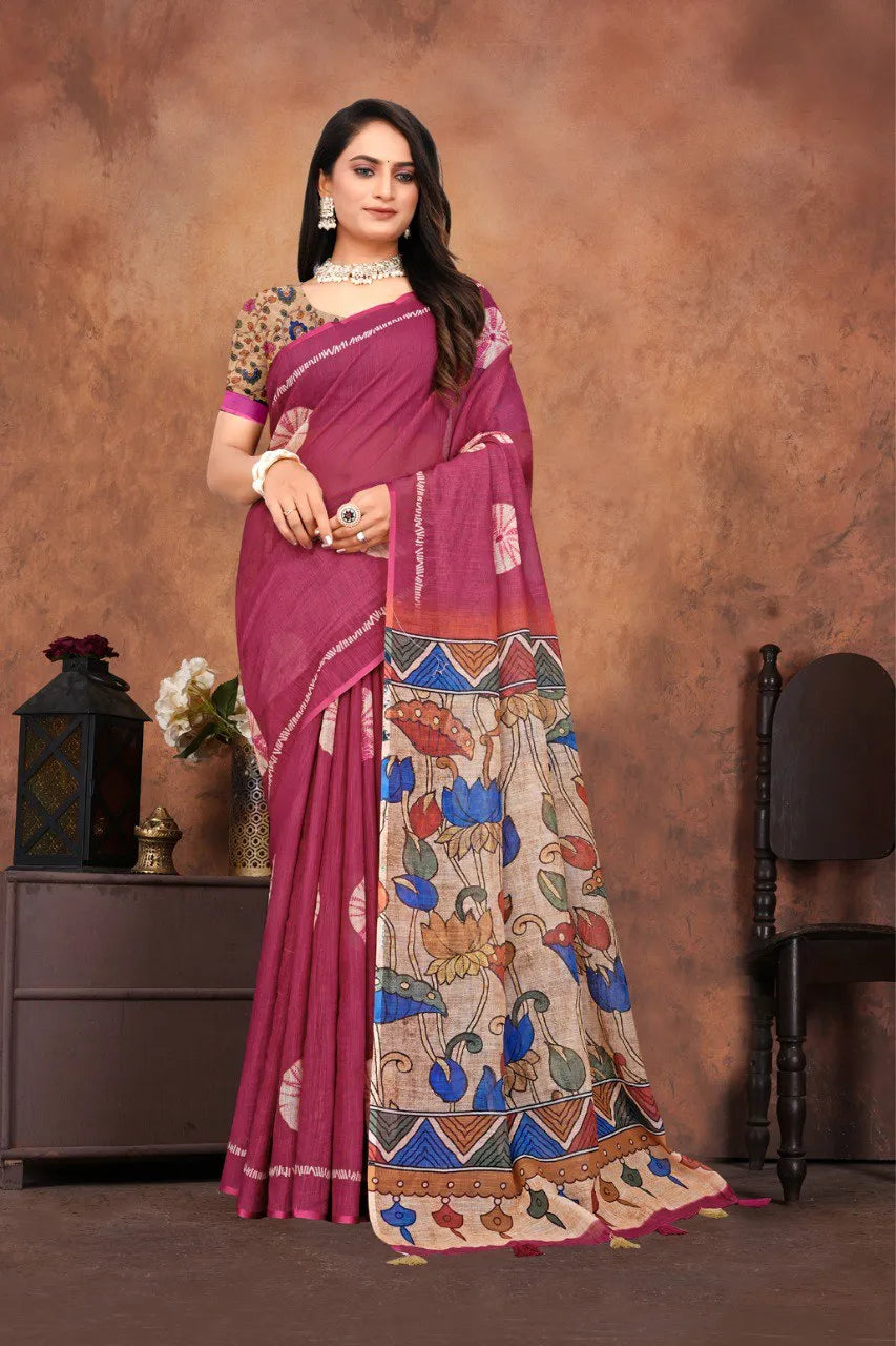 Graceful Woven Saree with Handcrafted Kalamkari Detailing