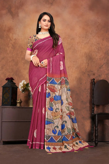 Graceful Woven Saree with Handcrafted Kalamkari Detailing