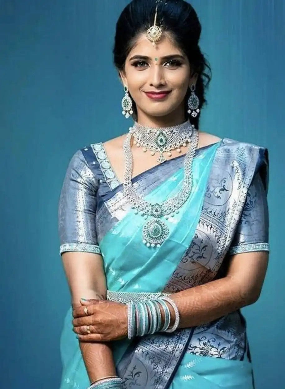 Aqua Blue Soft Lichi Silk Saree with Silver Zari Border