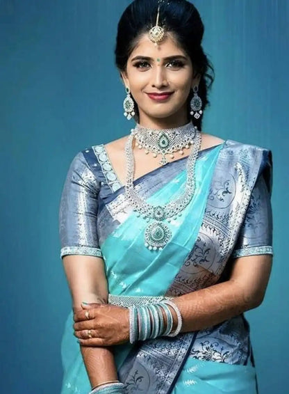 Aqua Blue Soft Lichi Silk Saree with Silver Zari Border