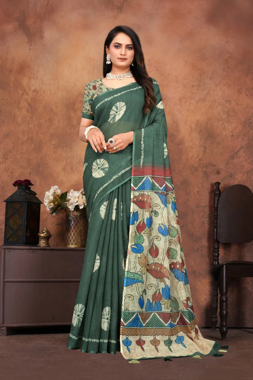 Graceful Woven Saree with Handcrafted Kalamkari Detailing