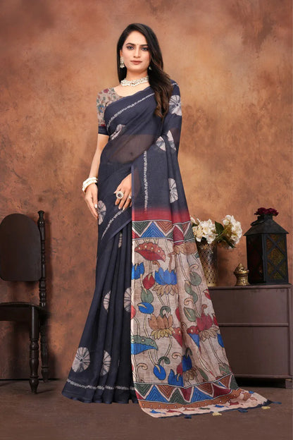 Graceful Woven Saree with Handcrafted Kalamkari Detailing