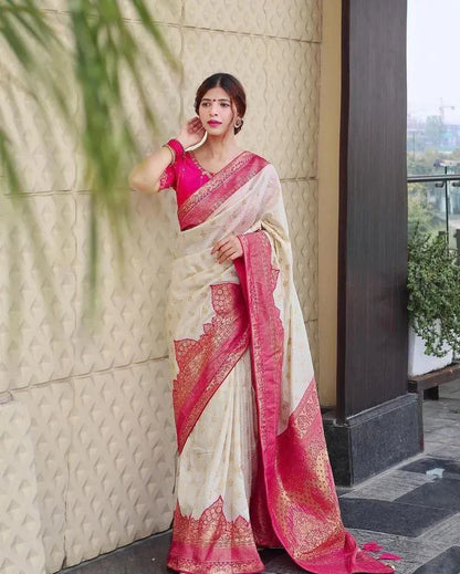 Elegant Cream Banarasi Silk Saree with Rich Pink Zari Border & Blouse