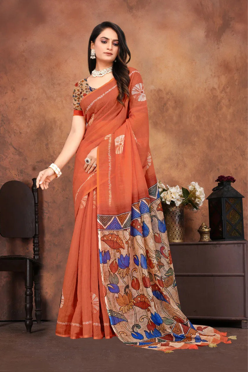 Graceful Woven Saree with Handcrafted Kalamkari Detailing