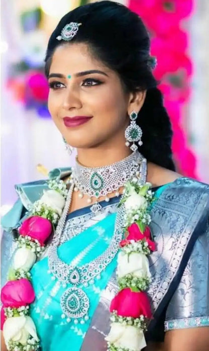 Aqua Blue Soft Lichi Silk Saree with Silver Zari Border