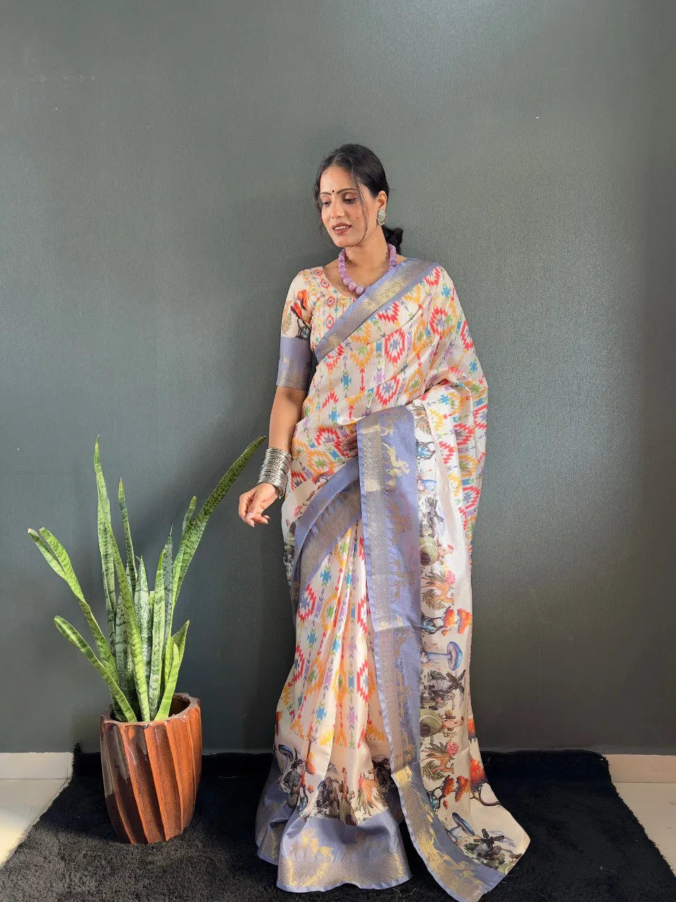 Heritage Silk Saree with Artistic Handpainted Print