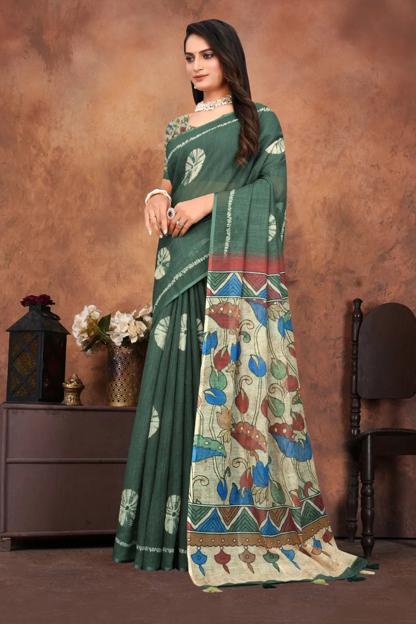 Graceful Woven Saree with Handcrafted Kalamkari Detailing
