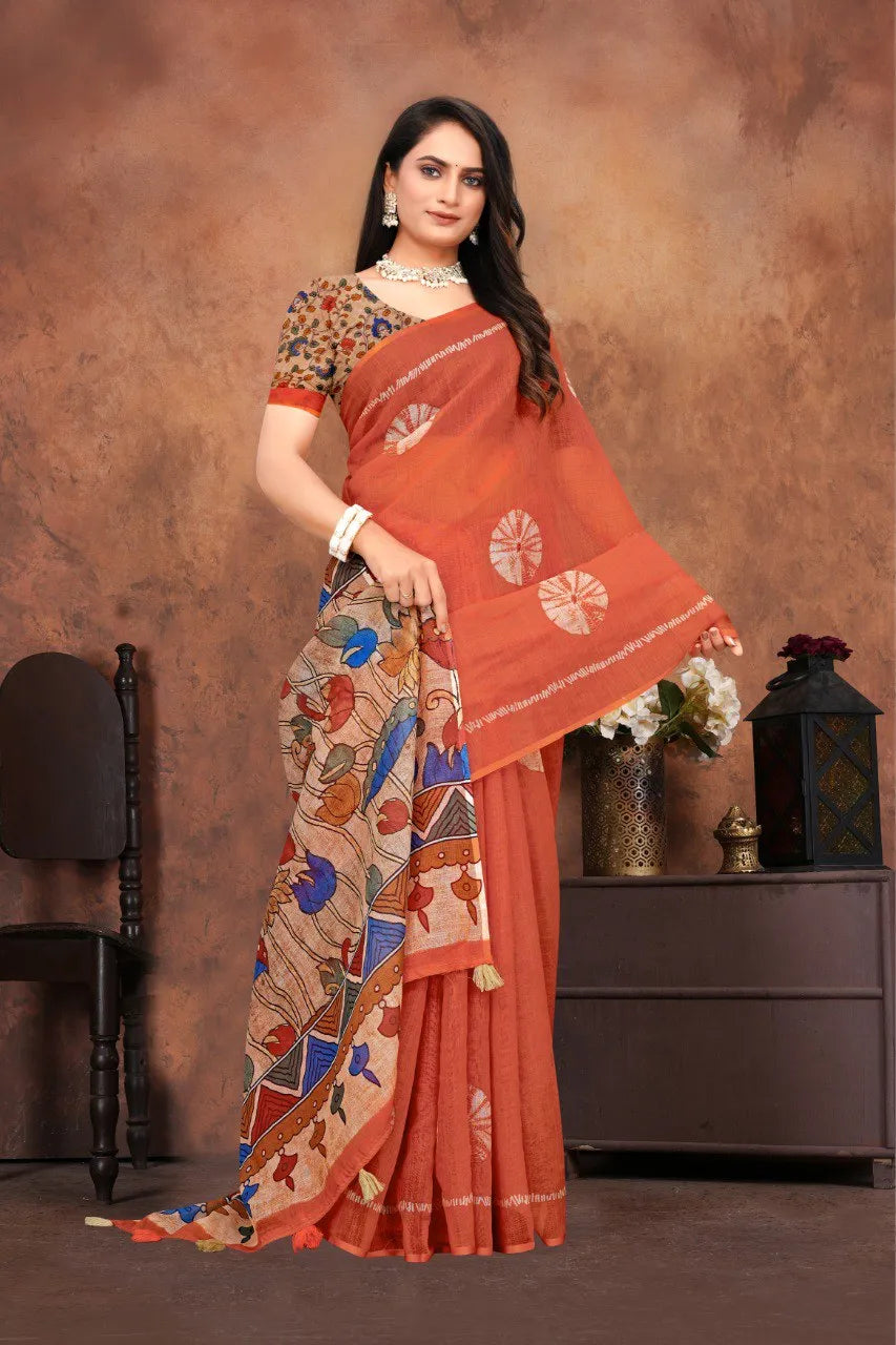 Graceful Woven Saree with Handcrafted Kalamkari Detailing