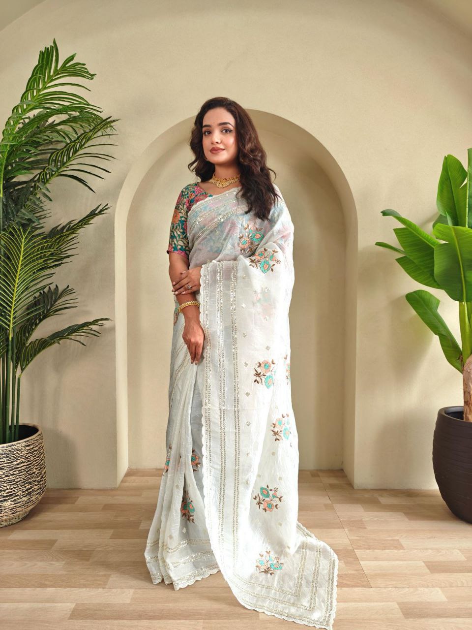 Elegant White Chiffon Saree with Floral Embroidery & Sequins Work