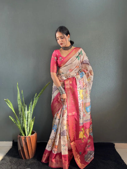 Heritage Silk Saree with Artistic Handpainted Print