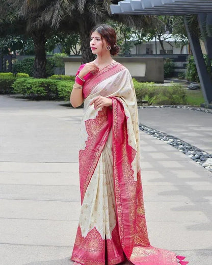 Elegant Cream Banarasi Silk Saree with Rich Pink Zari Border & Blouse
