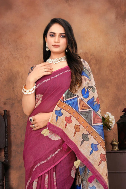 Graceful Woven Saree with Handcrafted Kalamkari Detailing