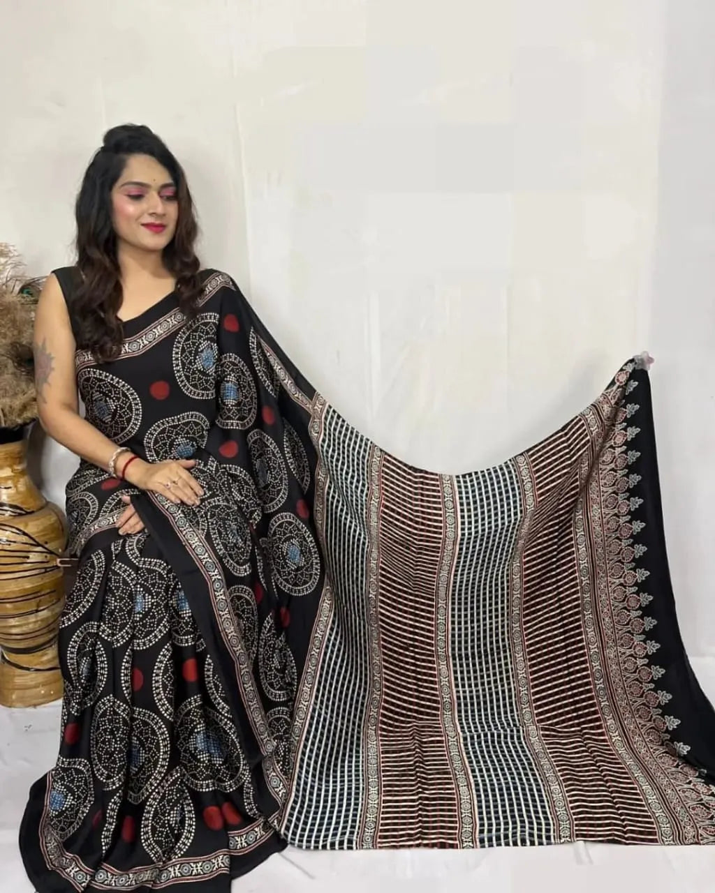 Trendy Designer Saree with Stripes and Ajrakh Print Pallu