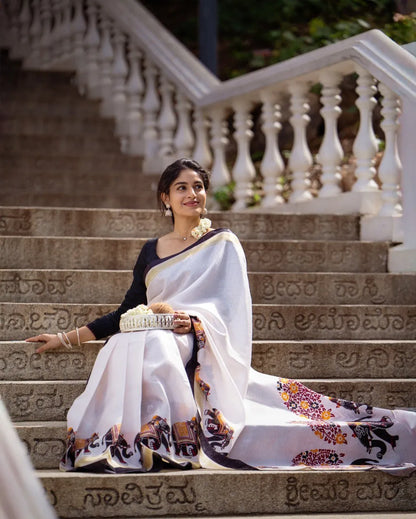 Elegant Handloom Cotton Saree with Traditional Bullock Cart Border