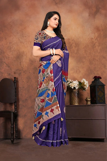 Graceful Woven Saree with Handcrafted Kalamkari Detailing