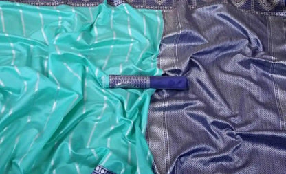 Aqua Blue Soft Lichi Silk Saree with Silver Zari Border