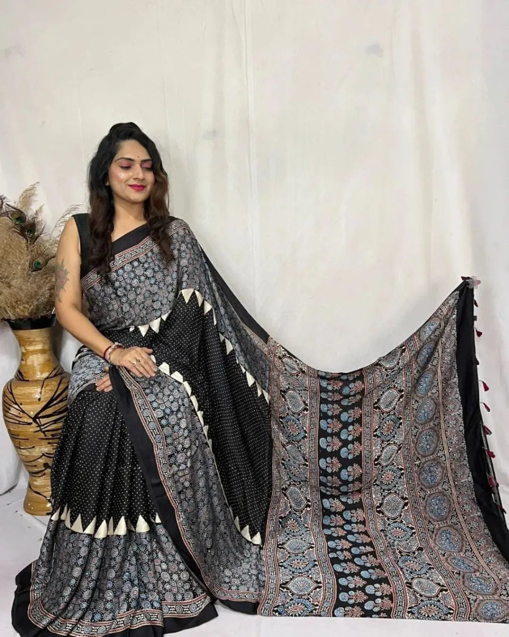 Trendy Designer Saree with Stripes and Ajrakh Print Pallu