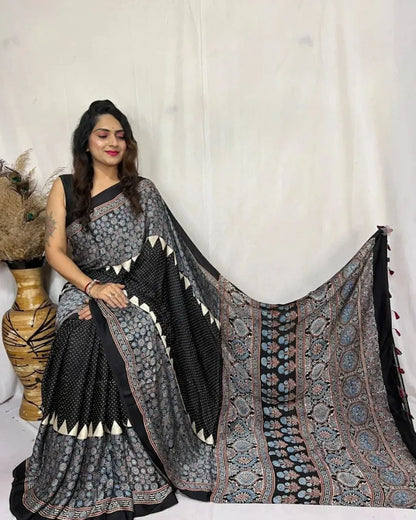 Trendy Designer Saree with Stripes and Ajrakh Print Pallu