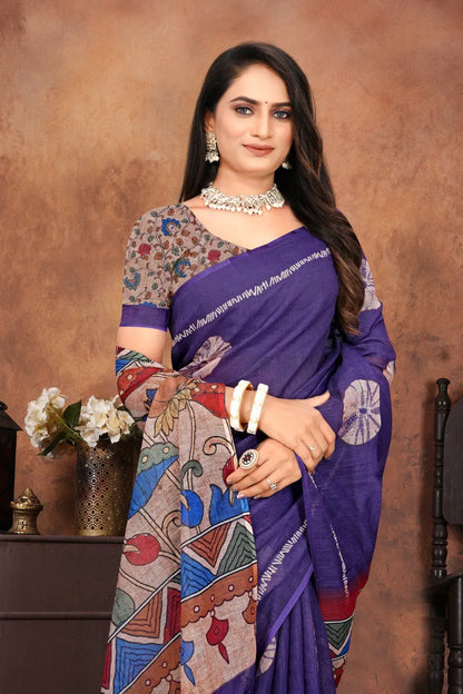 Graceful Woven Saree with Handcrafted Kalamkari Detailing