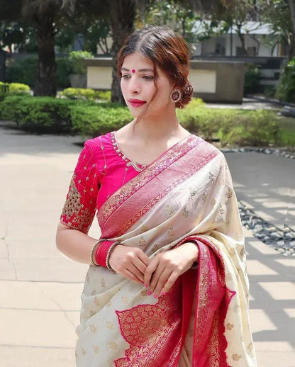Elegant Cream Banarasi Silk Saree with Rich Pink Zari Border & Blouse