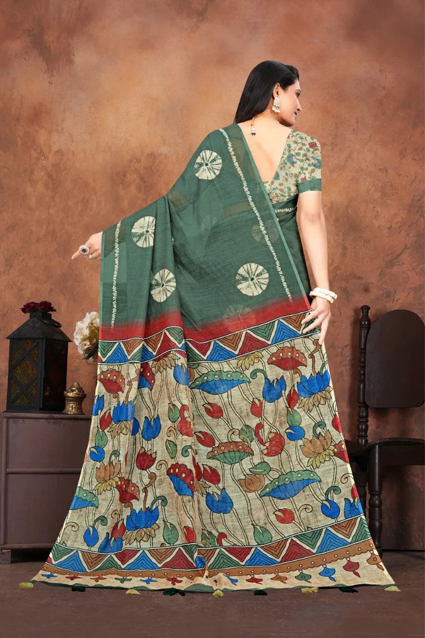 Graceful Woven Saree with Handcrafted Kalamkari Detailing