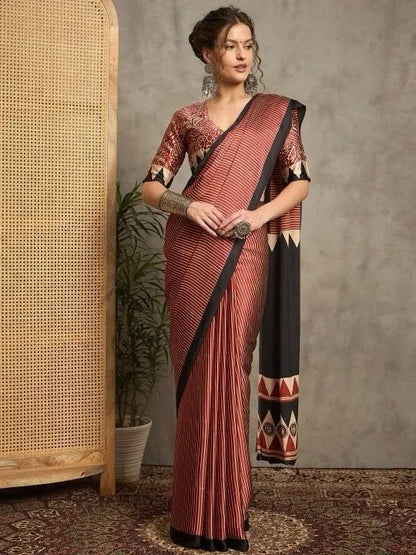 Trendy Designer Saree with Stripes and Ajrakh Print Pallu