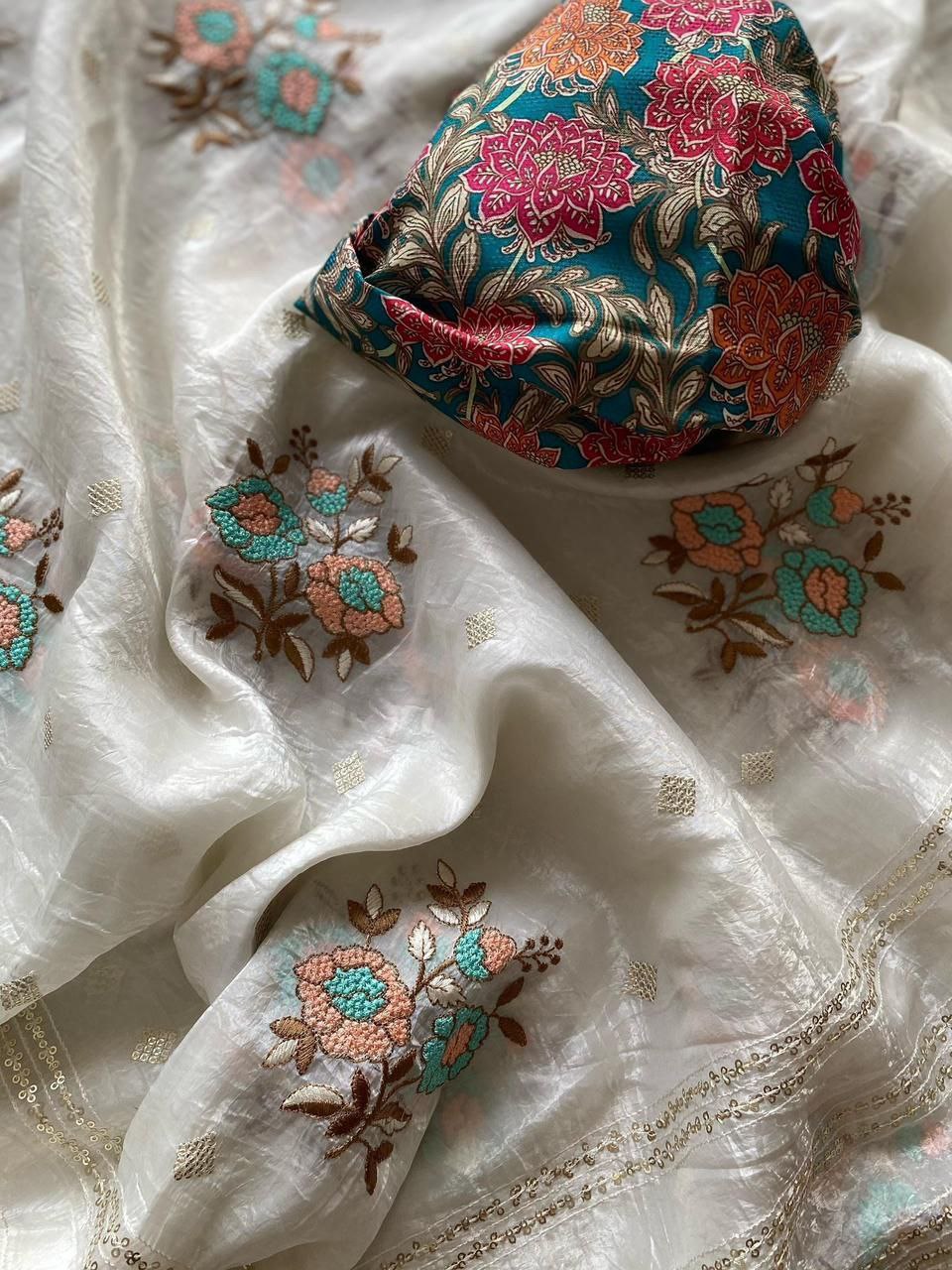 Elegant White Chiffon Saree with Floral Embroidery & Sequins Work