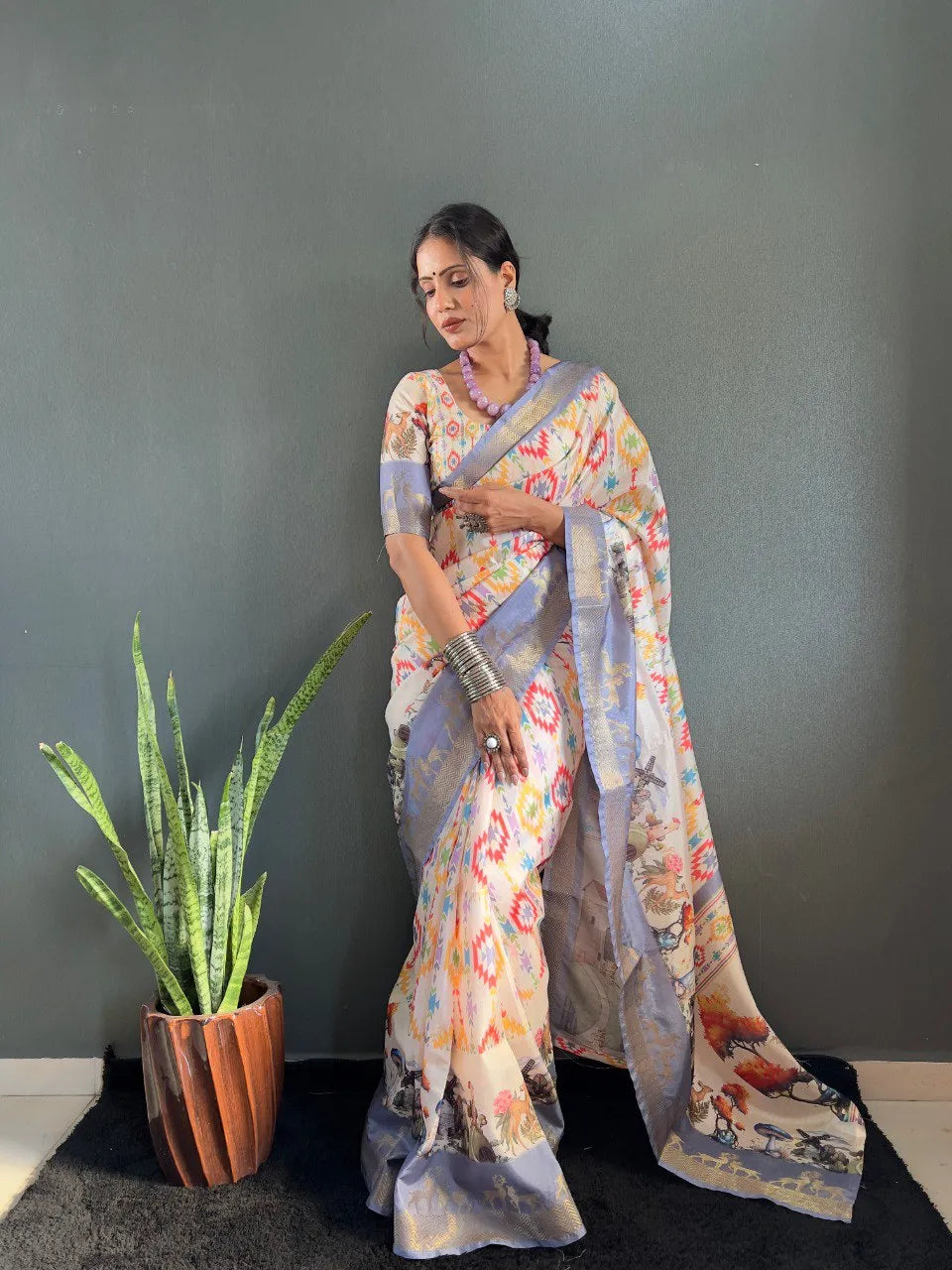 Heritage Silk Saree with Artistic Handpainted Print