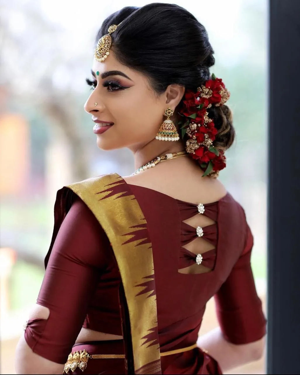 Rich Maroon Kanjivaram Silk Saree with Golden Zari Border