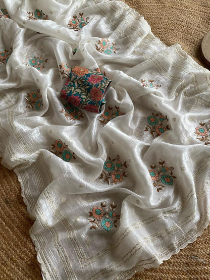 Elegant White Chiffon Saree with Floral Embroidery & Sequins Work