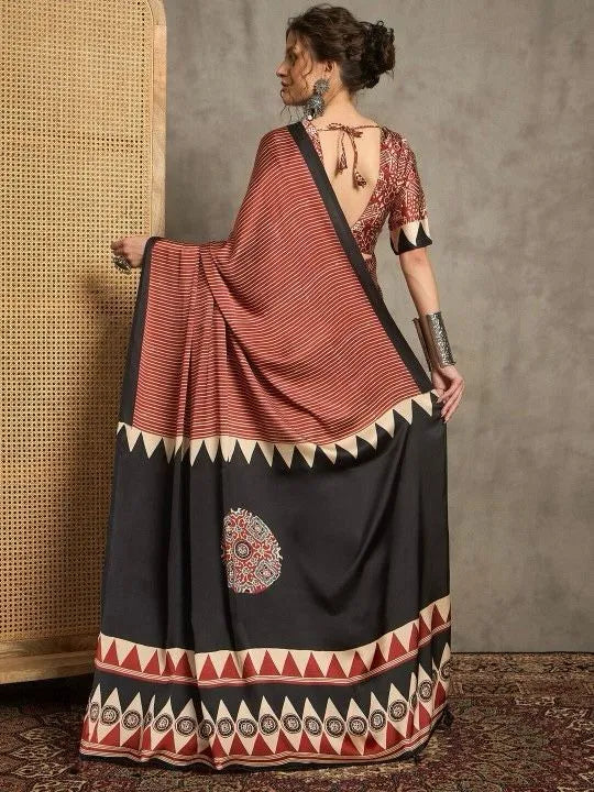 Trendy Designer Saree with Stripes and Ajrakh Print Pallu