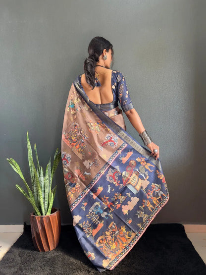 Heritage Silk Saree with Artistic Handpainted Print