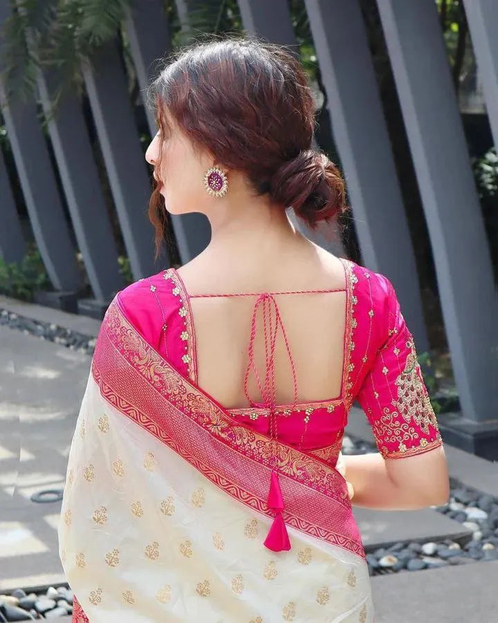 Elegant Cream Banarasi Silk Saree with Rich Pink Zari Border & Blouse