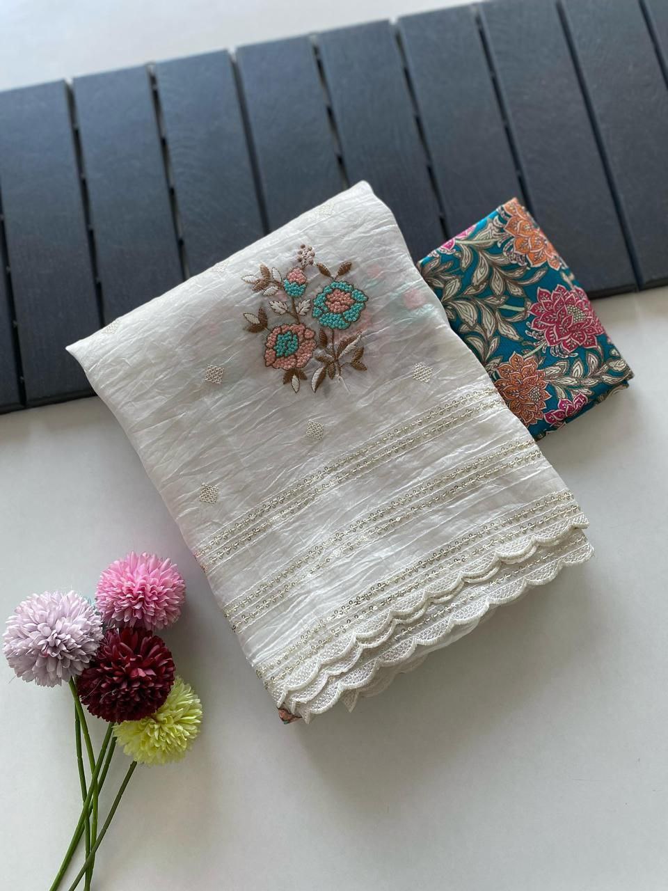 Elegant White Chiffon Saree with Floral Embroidery & Sequins Work