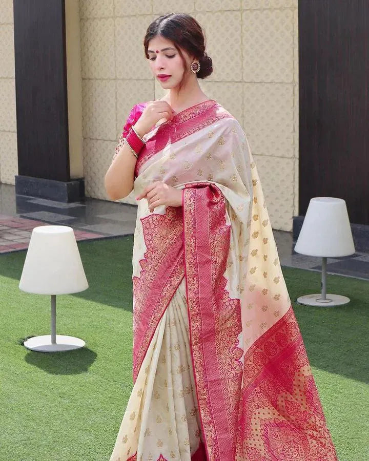 Elegant Cream Banarasi Silk Saree with Rich Pink Zari Border & Blouse
