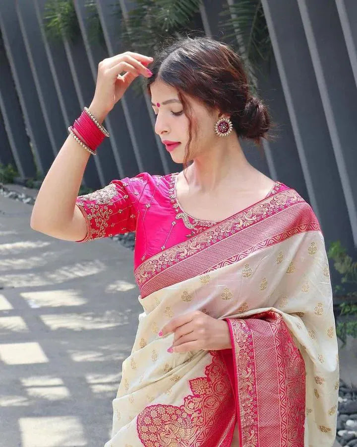 Elegant Cream Banarasi Silk Saree with Rich Pink Zari Border & Blouse