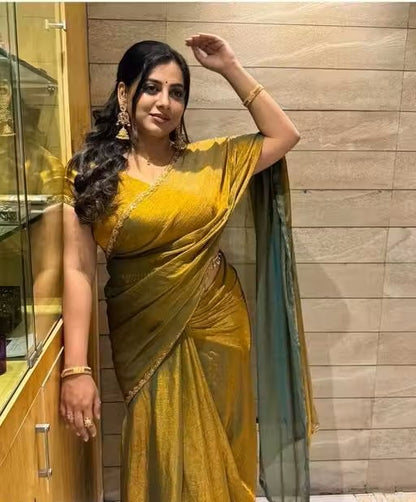 Two Tone Mustard Yellow & Green Velvet Look Saree with Golden Lace Border – Party Wear Trending Saree