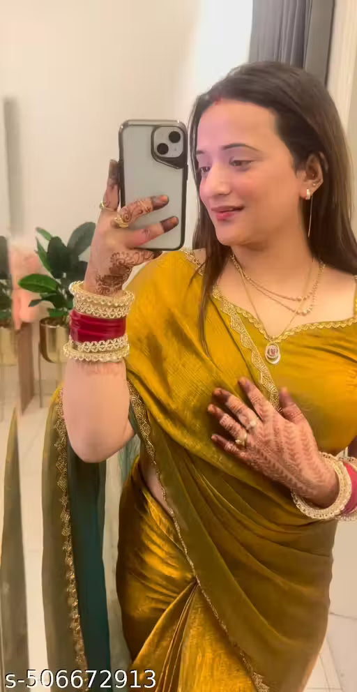 Two Tone Mustard Yellow & Green Velvet Look Saree with Golden Lace Border – Party Wear Trending Saree