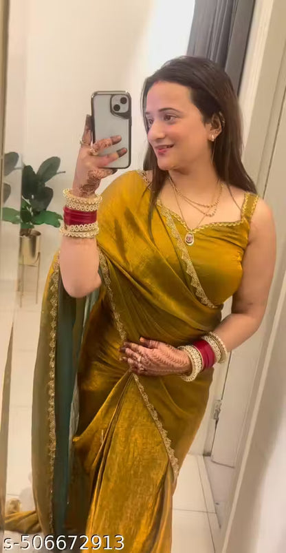Two Tone Mustard Yellow & Green Velvet Look Saree with Golden Lace Border – Party Wear Trending Saree