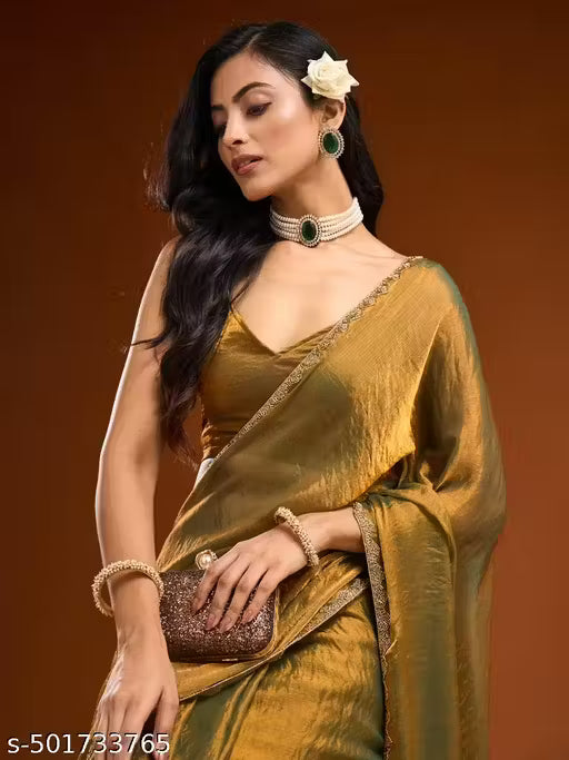 Two Tone Mustard Yellow & Green Velvet Look Saree with Golden Lace Border – Party Wear Trending Saree
